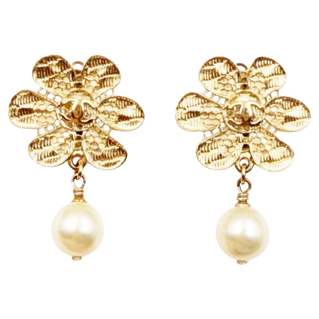 Chanel Gold CC Lace Flower Pearl Dangle Clip on Earrings For Sale