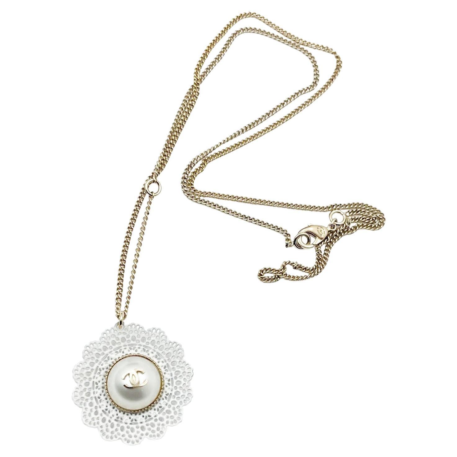 Chanel Gold CC Lace Flower Pearl Necklace  For Sale