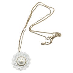 Chanel Gold CC Lace Flower Pearl Necklace 