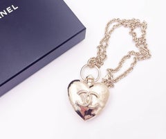 Chanel Gold CC Large Heart Locket Long Chain Necklace