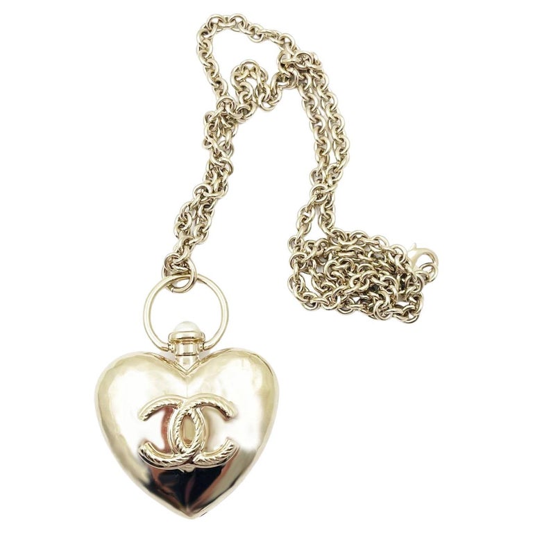 Chanel Gold CC Large Heart Locket Long Chain Necklace at 1stDibs