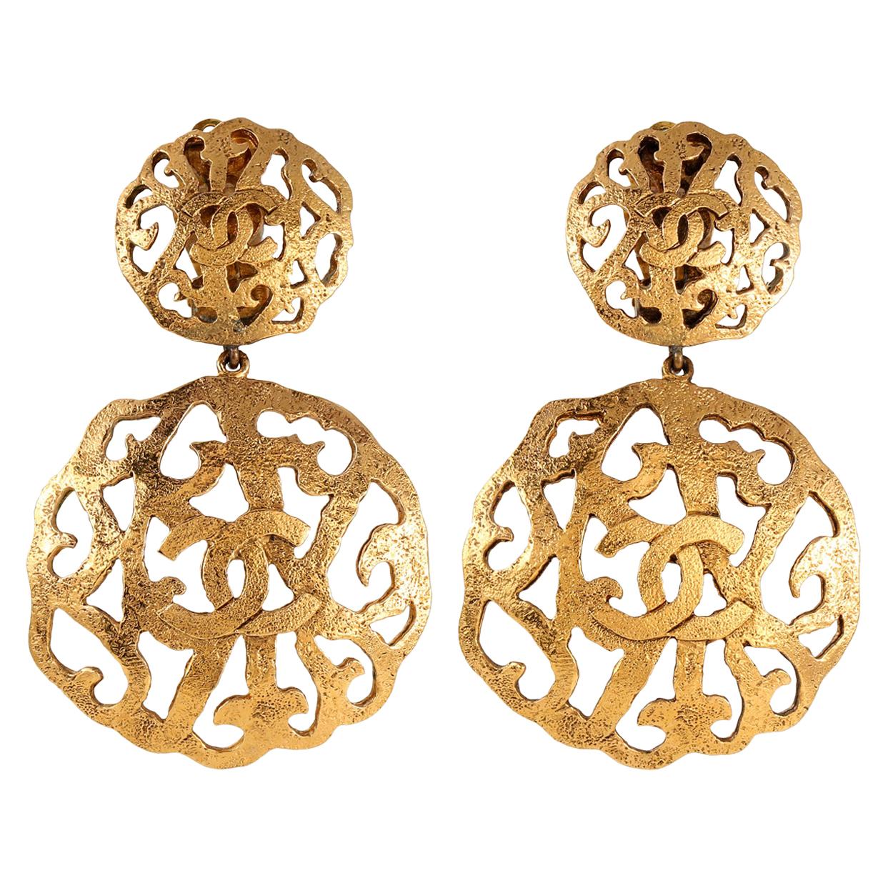 Chanel Gold CC Laser Cut Circle Earrings