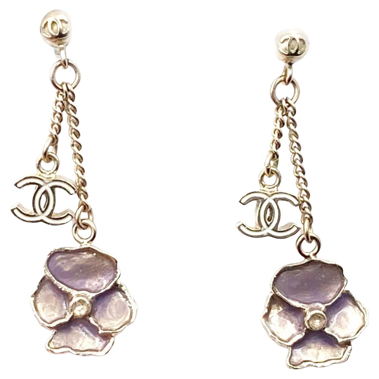 Chanel Gold CC Lavender Flower Dangle Piercing Earrings