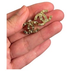 CHANEL Gold CC Letter Crystal Stud Earrings