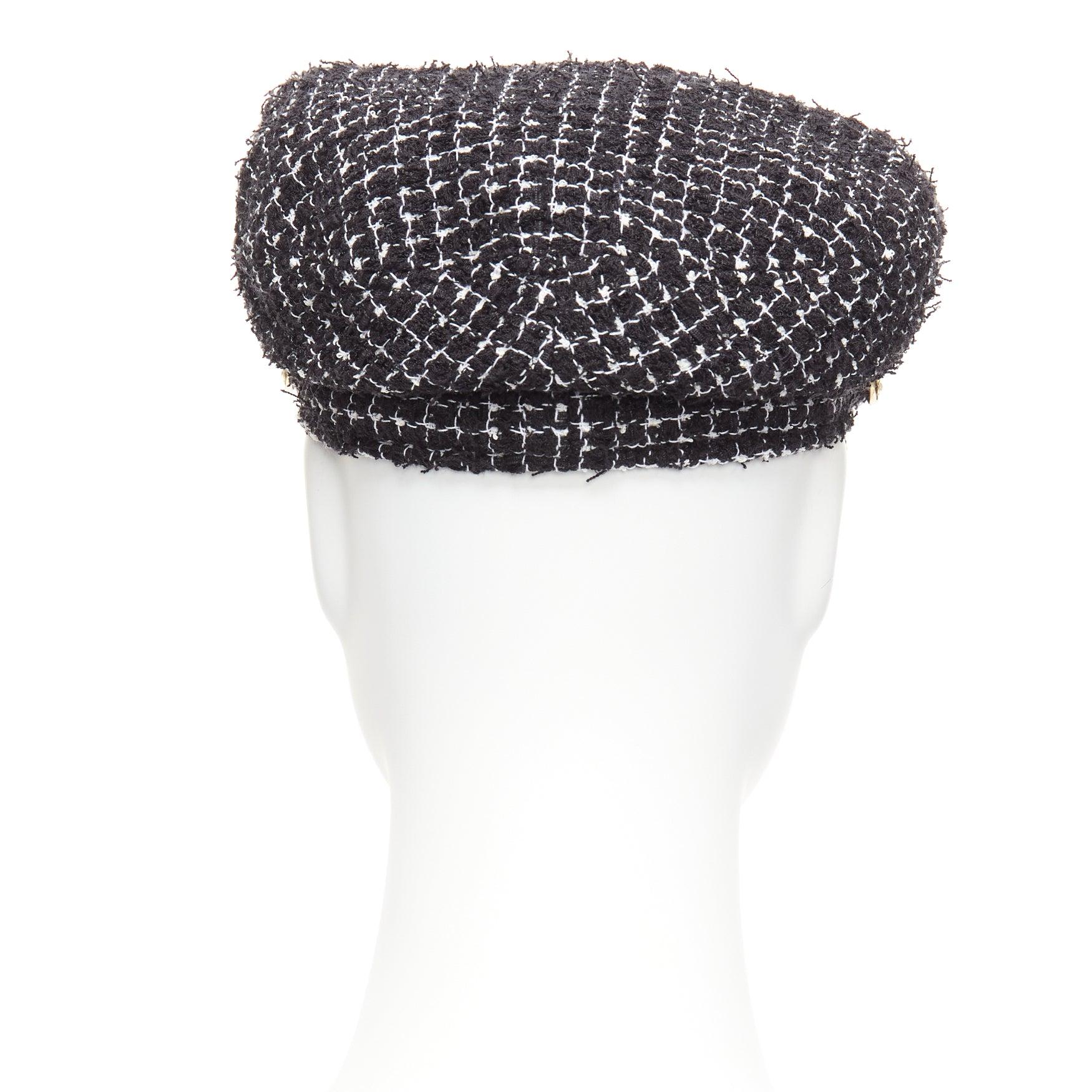 CHANEL gold CC logo button black white cotton tweed newsboy hat S 1