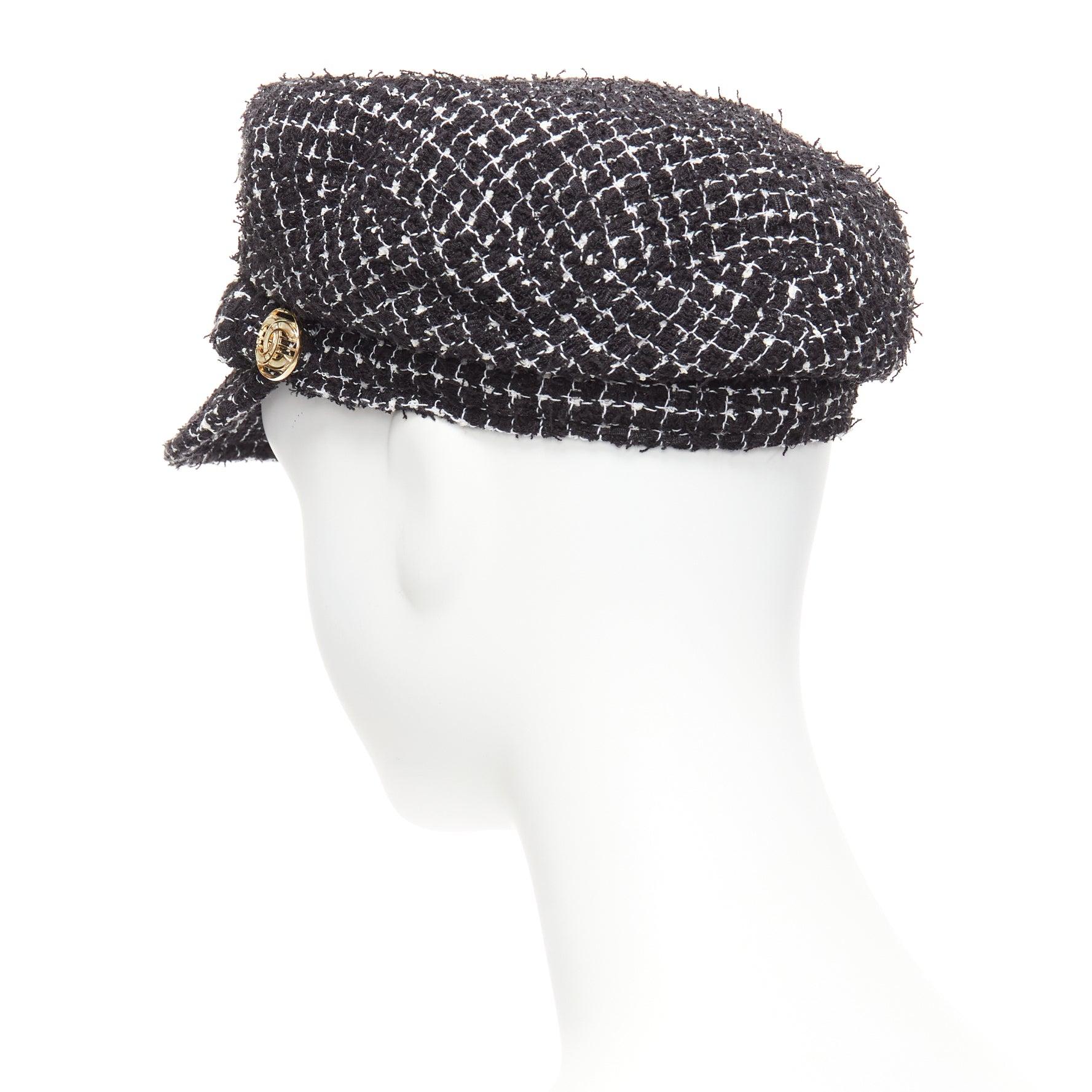 CHANEL gold CC logo button black white cotton tweed newsboy hat S 2