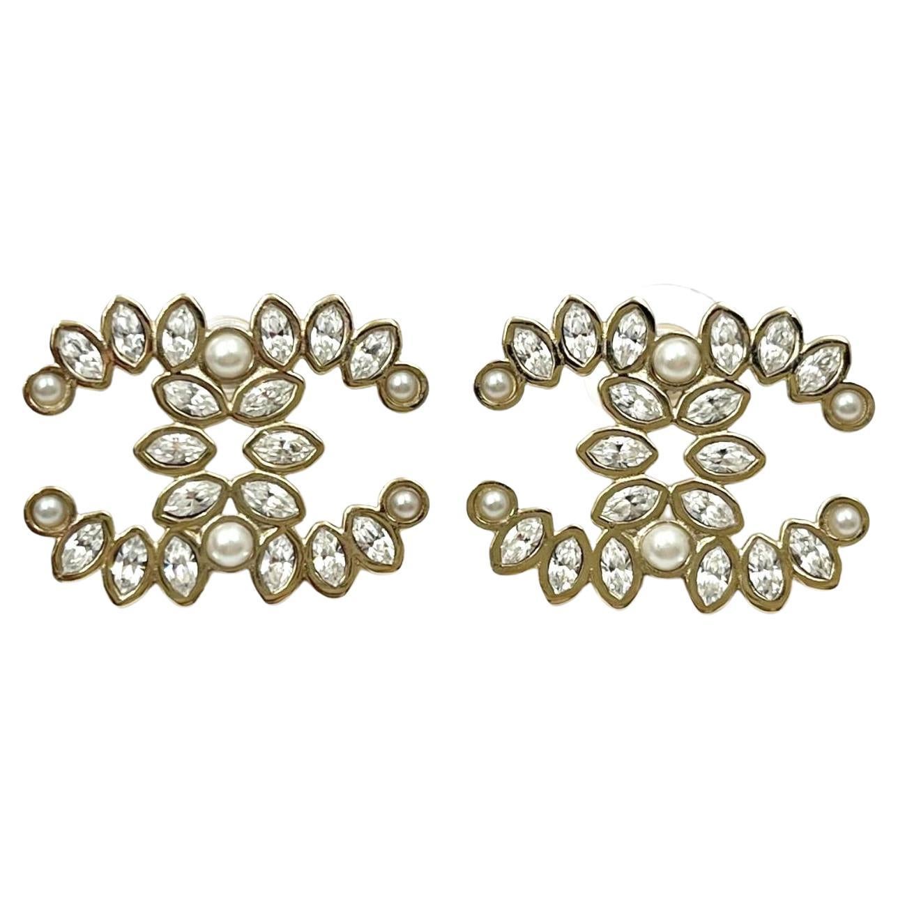 Chanel Gold CC Marquise Crystal Large Piercing Earrings
