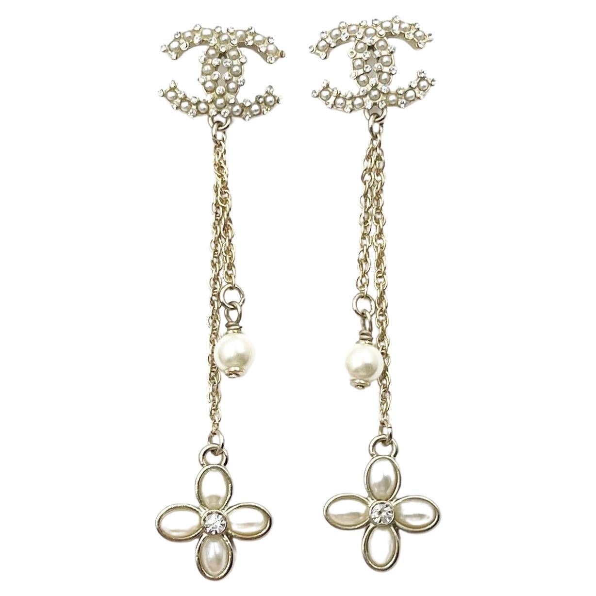 Chanel Gold CC Mini Pearl Crystal Clover Pearl Dangle Piercing