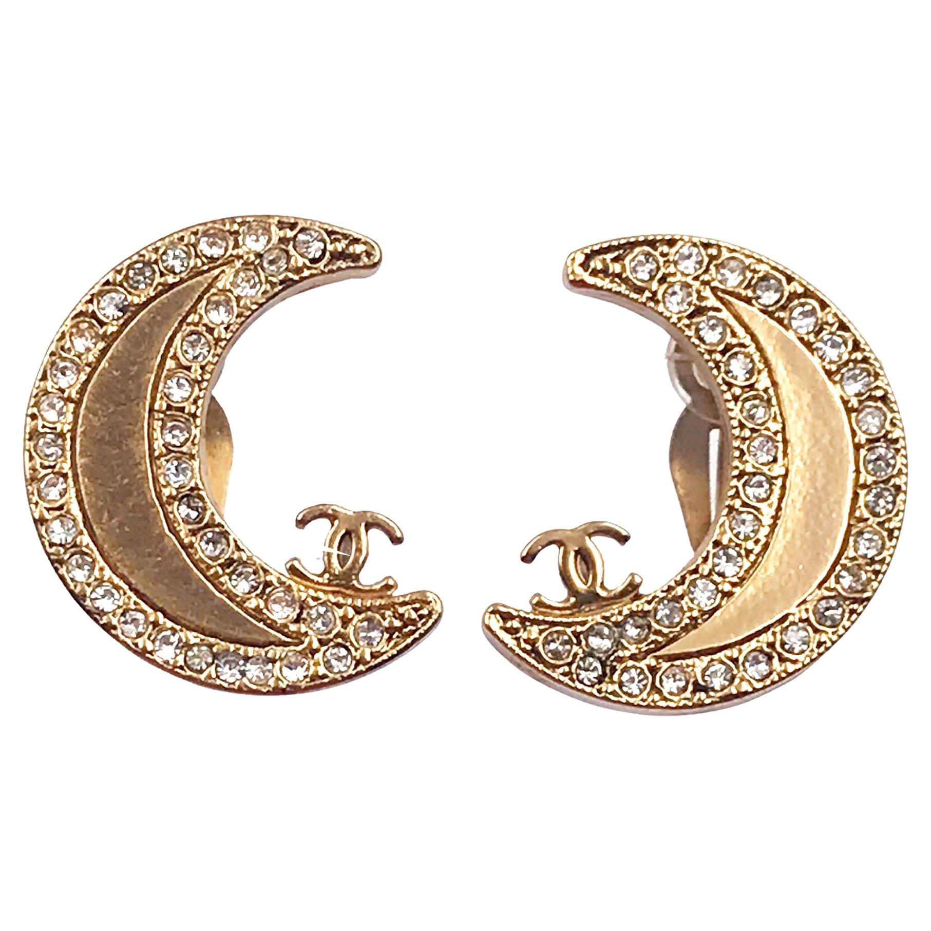 Chanel Rare Gold CC Moon Crystal Clip on Earrings For Sale