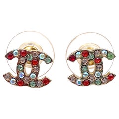 Chanel Gold CC Multi Red Crystal Small Piercing Earrings