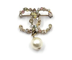 Chanel Gold CC Pastel Crystal Pearl Dangle Brooch