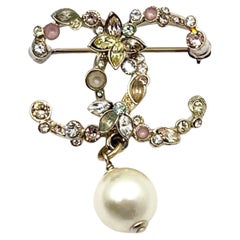 Chanel Gold CC Pastel Crystal Pearl Dangle Brooch  