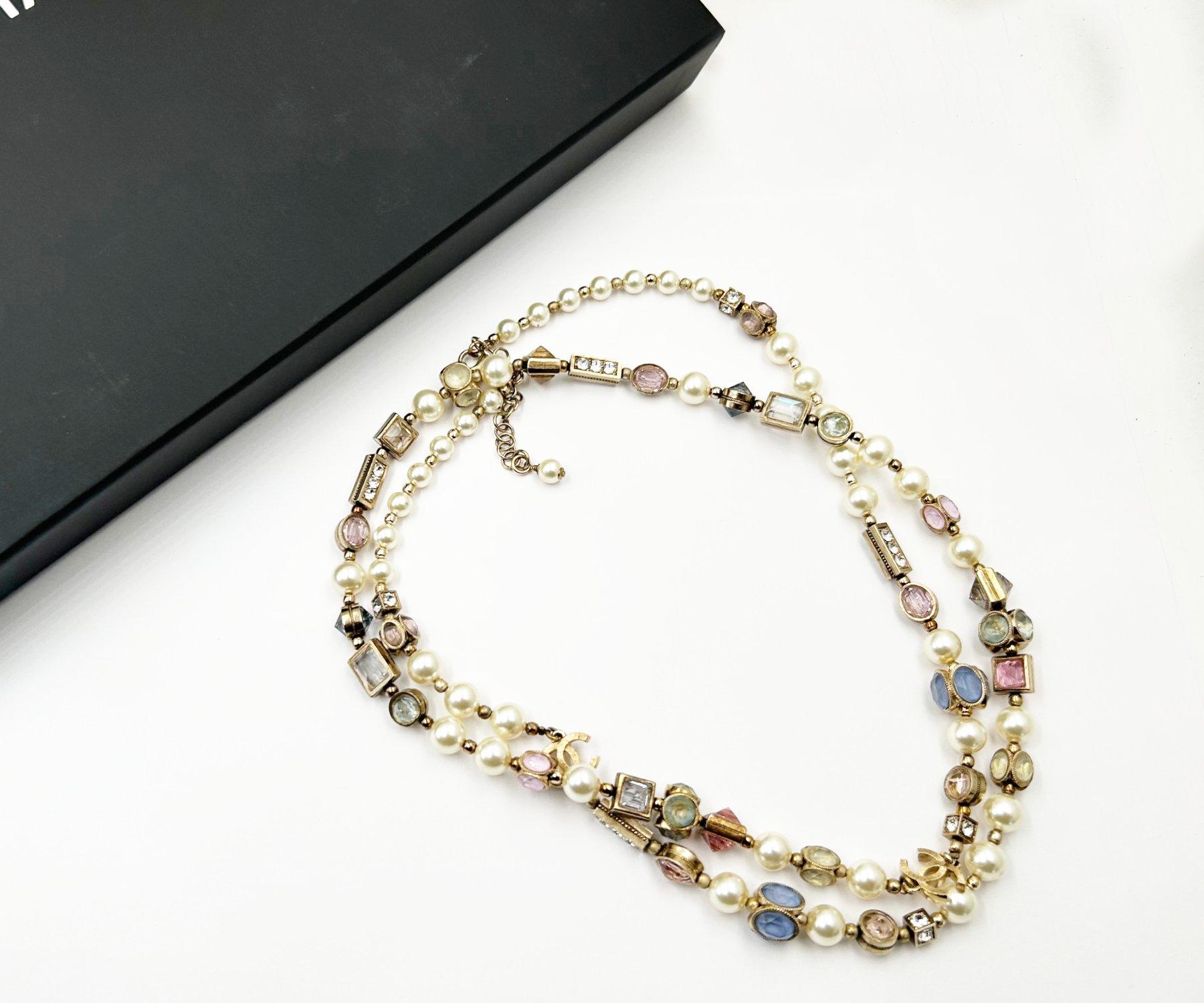 Artisan Chanel Gold CC Pastel Gemstone Long Necklace For Sale