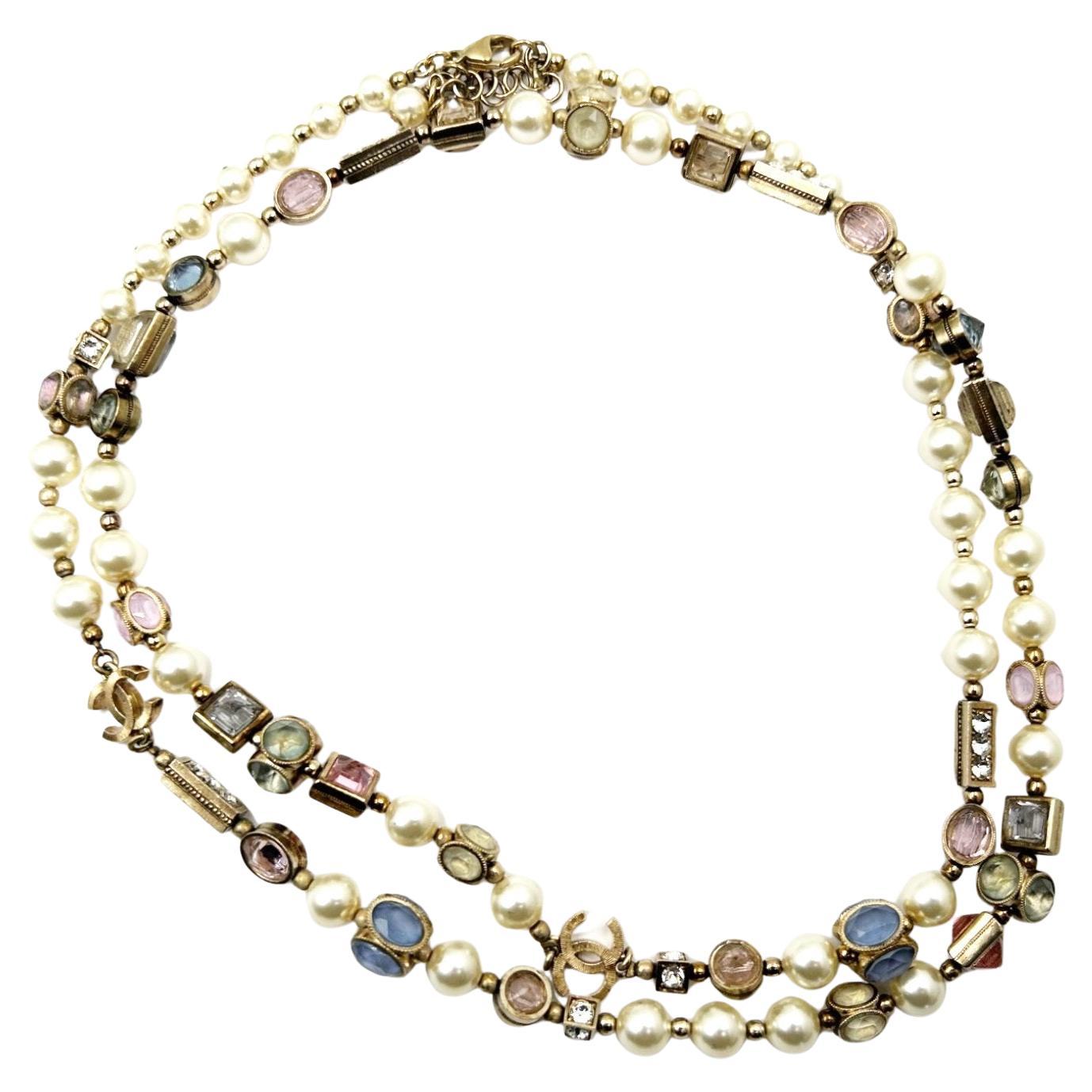 Chanel Gold CC Pastel Gemstone Long Necklace For Sale