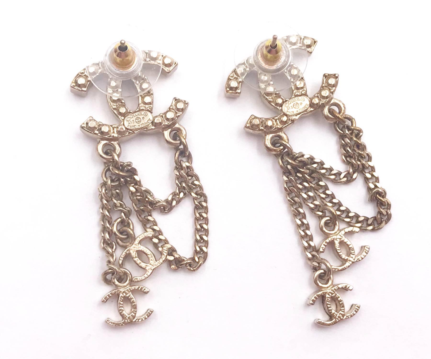 Women's Chanel Gold CC Pastel Pink Crystal Pearl Chain Dangle Piercing Earrings