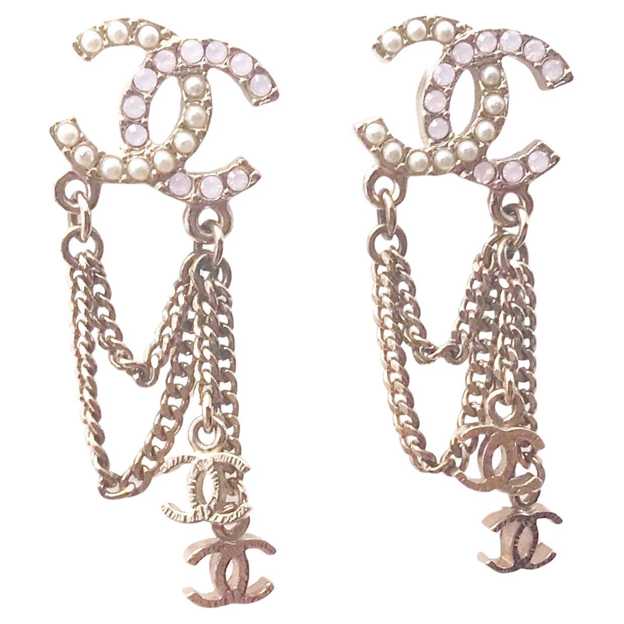 Chanel Gold CC Pastel Pink Crystal Pearl Chain Dangle Piercing Earrings
