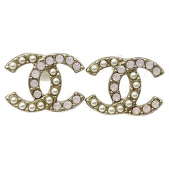 Chanel Gold CC Pastel Pink Pearl Piercing Earrings