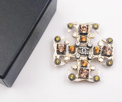 Chanel Gold CC Peach Brown Crystal Cross Brooch