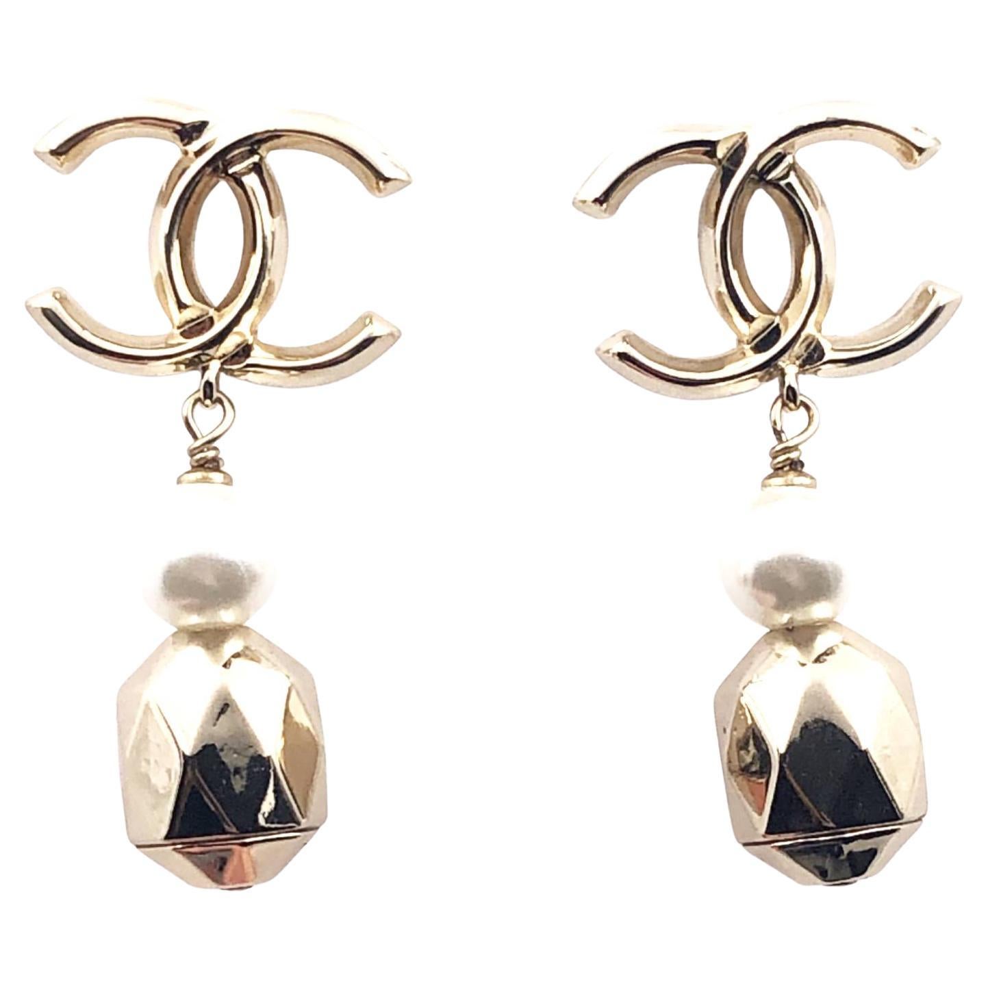 Chanel Gold CC Pearl Geo Dangle Piercing Earrings