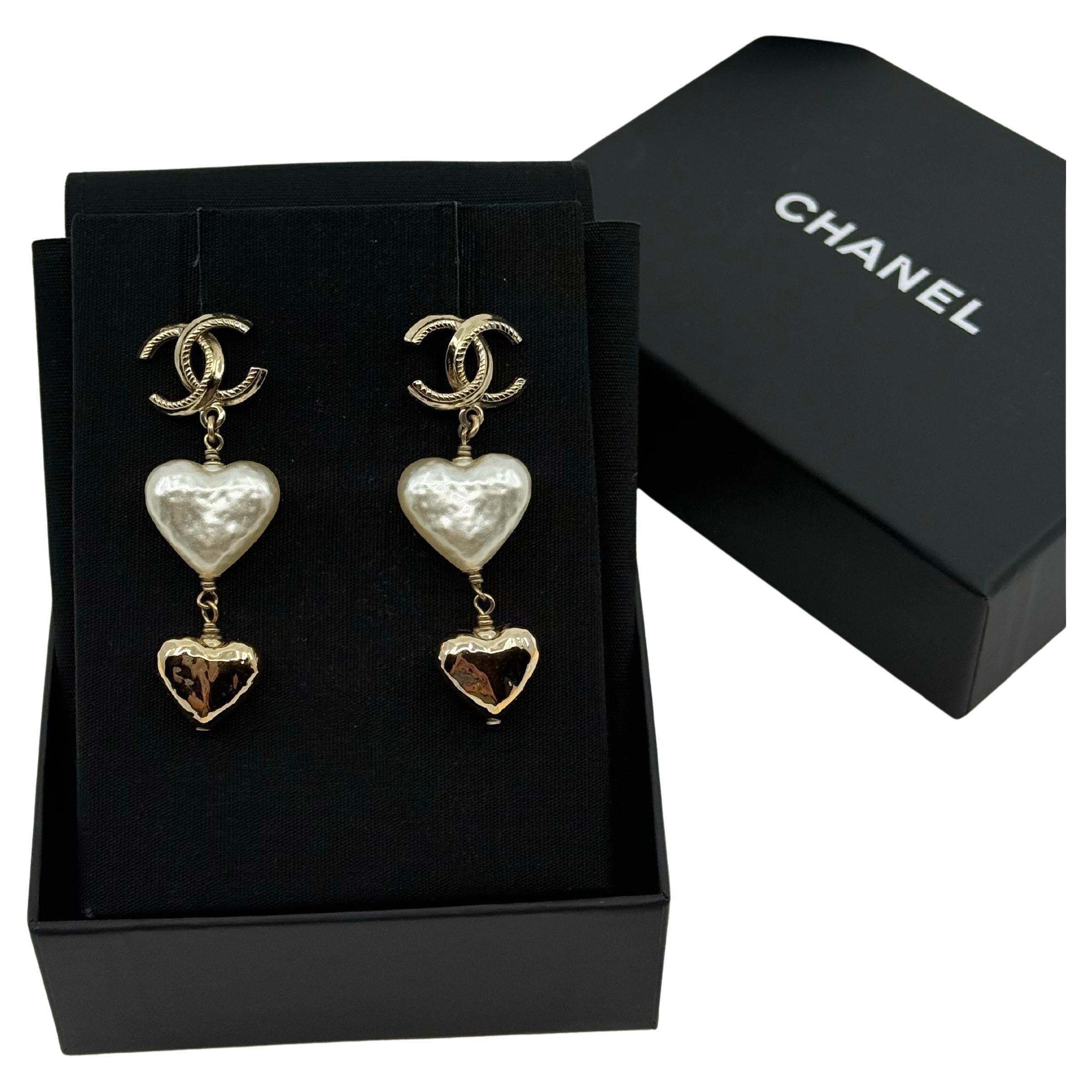 CHANEL Gold CC Pearl Heart Dangle Statement Earrings