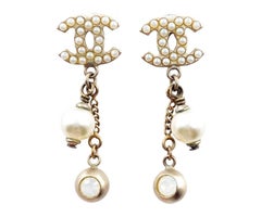 Chanel Gold CC Pearl Opal Crystal Dangle Piercing Earrings