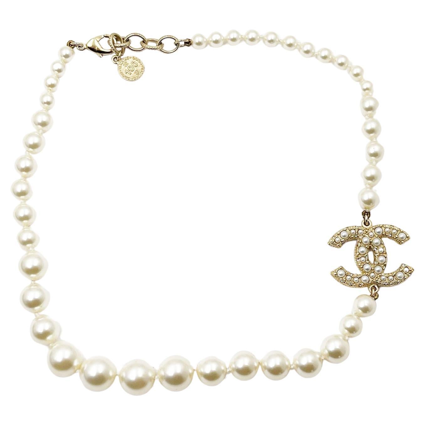 Chanel Gold CC Pearl Short Pearl Necklace 100 Year Anniversary For Sale