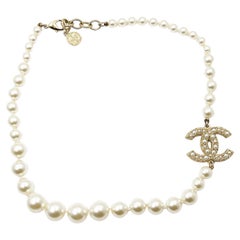 Used Chanel Gold CC Pearl Short Pearl Necklace 100 Year Anniversary