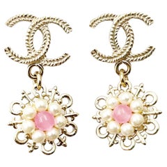 Chanel Gold CC Pink Bead Pearl Wheel Piercing Earrings 