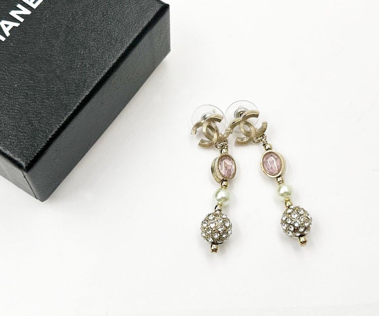 Chanel Gold CC Pink Crystal Crystal Ball Long Piercing Earrings
