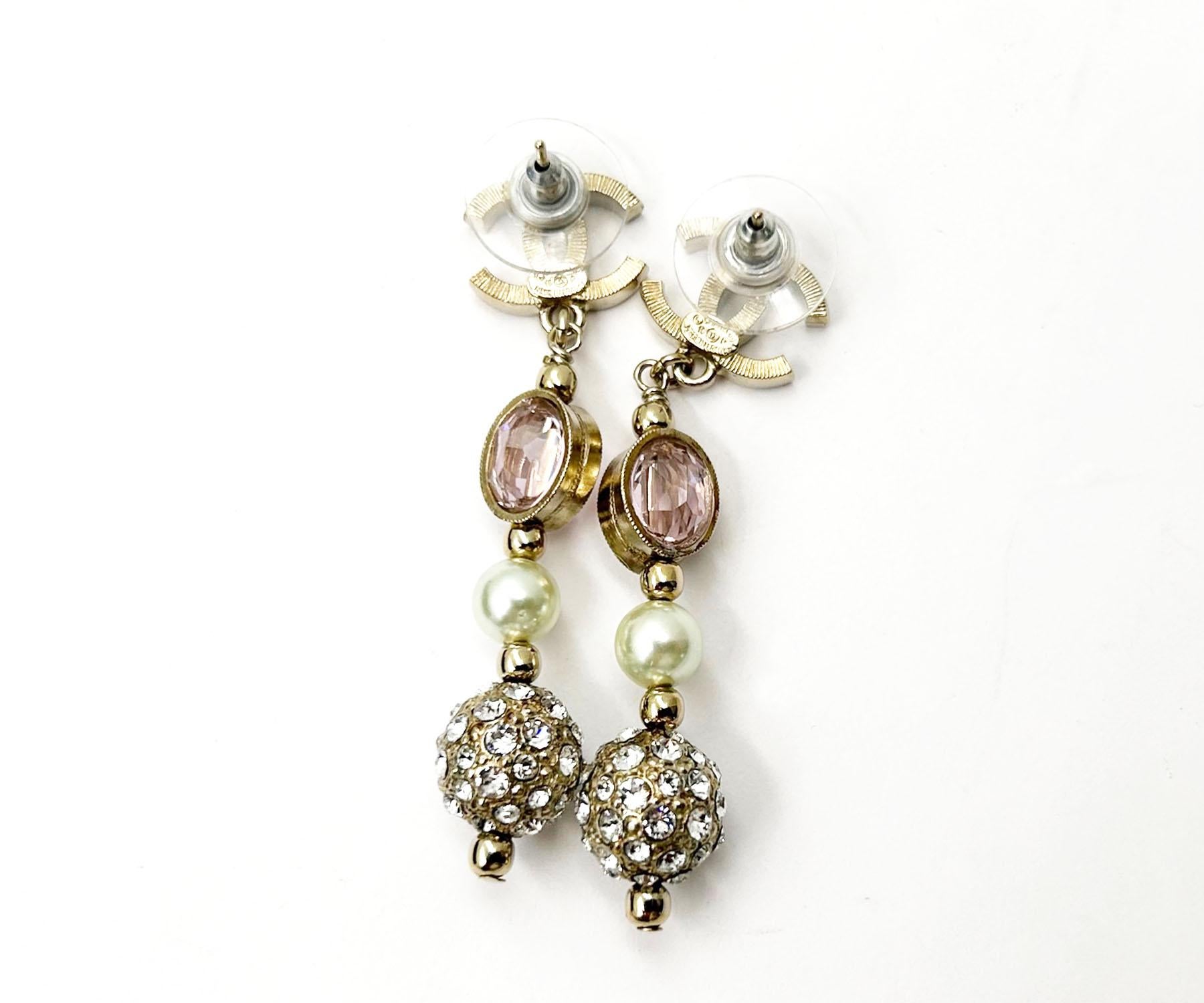 Artisan Chanel Gold CC Pink Crystal Crystal Ball Long Piercing Earrings  