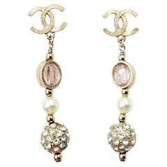 Chanel Gold CC Pink Crystal Crystal Ball Long Piercing Earrings  