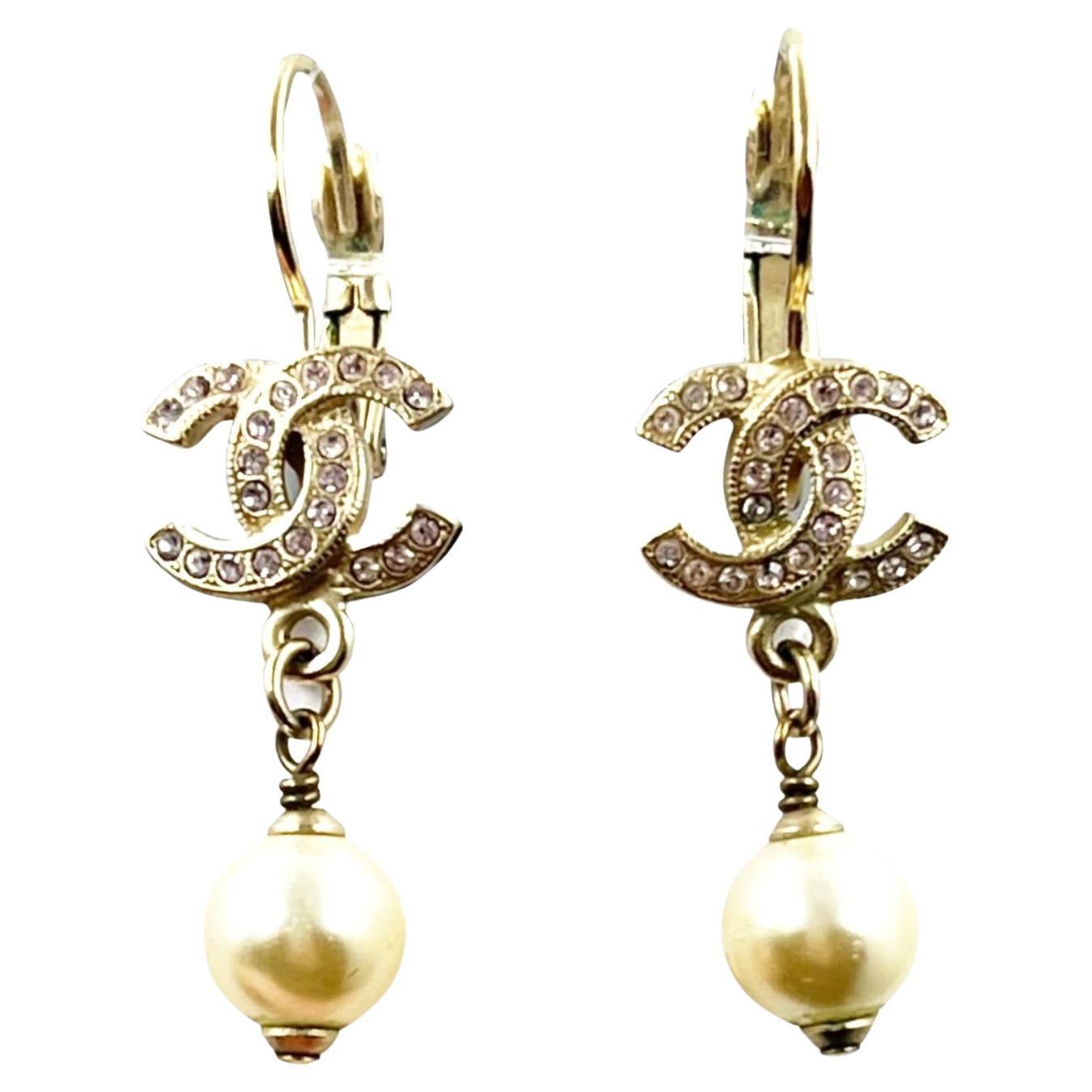 Chanel Gold CC Pink Crystal Pearl Dangle Lever Back Earrings  For Sale