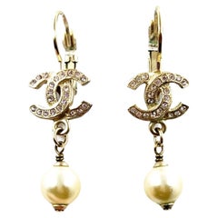 Chanel Gold CC Pink Crystal Pearl Dangle Lever Back Earrings 