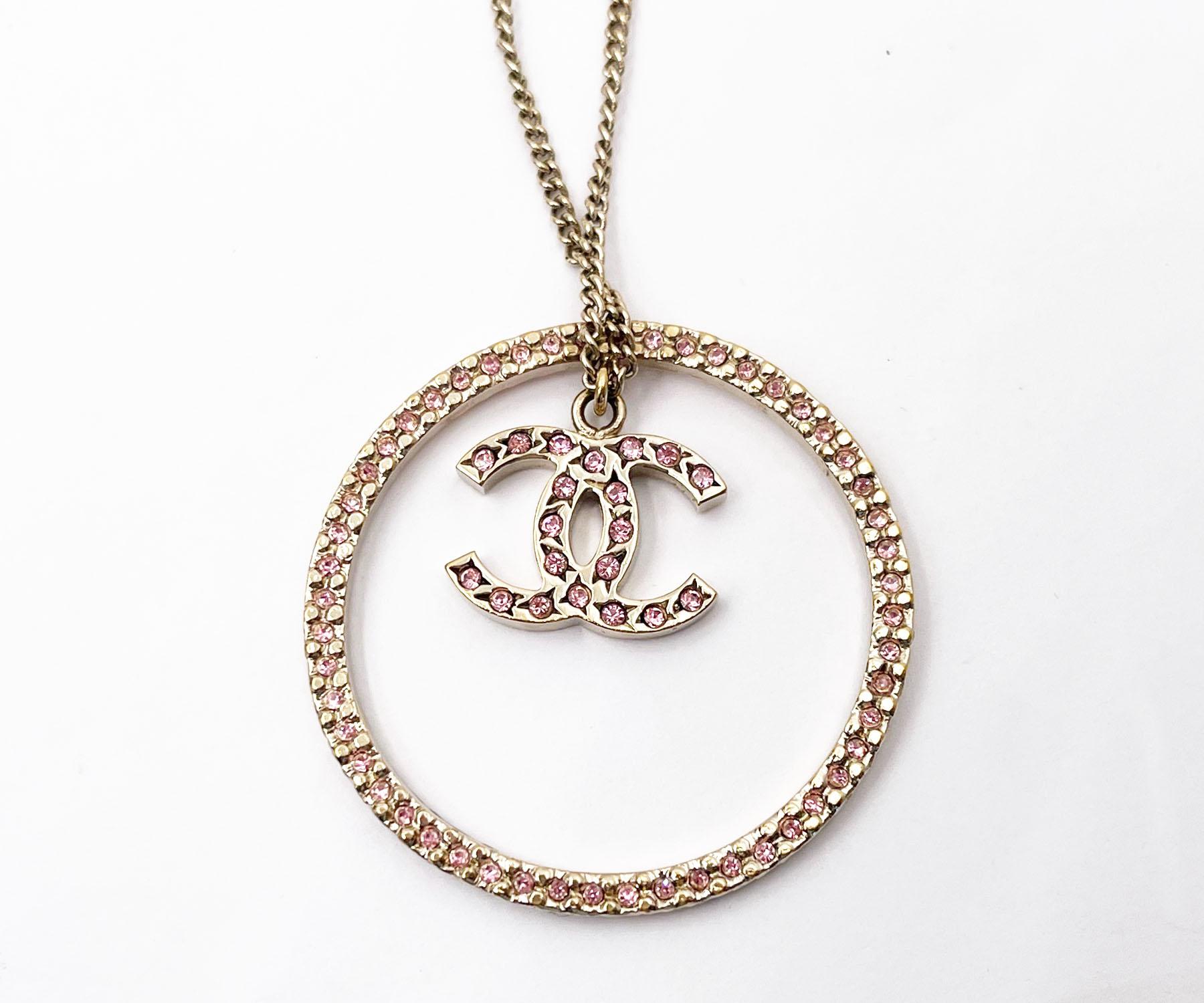 Chanel Gold CC Pink Crystal Ring Pendant Necklace In Excellent Condition For Sale In Pasadena, CA