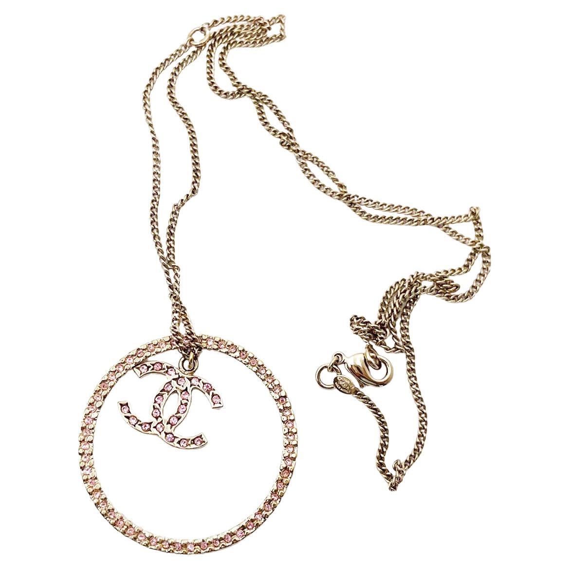 Chanel Gold CC Pink Crystal Ring Pendant Necklace