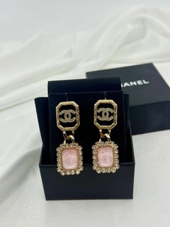 CHANEL Gold CC Pink Crystal Statement Dangle Earrings