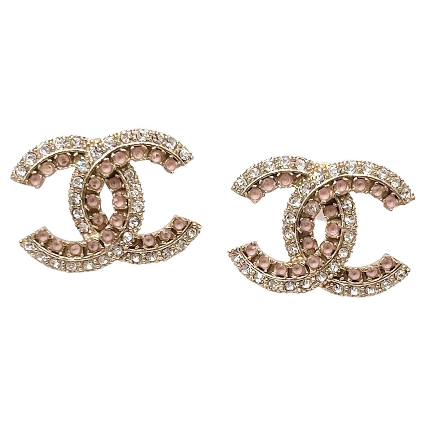 Chanel Gold CC Pink Double Crystal Piercing Earrings at 1stDibs
