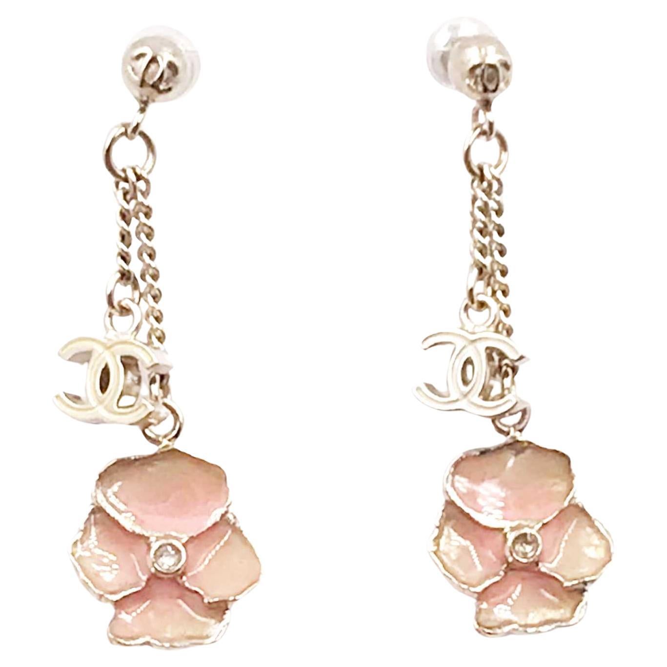 Chanel Gold CC Pink Flower Dangle Piercing Earrings For Sale