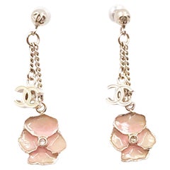Chanel Gold CC Pink Flower Dangle Piercing Earrings