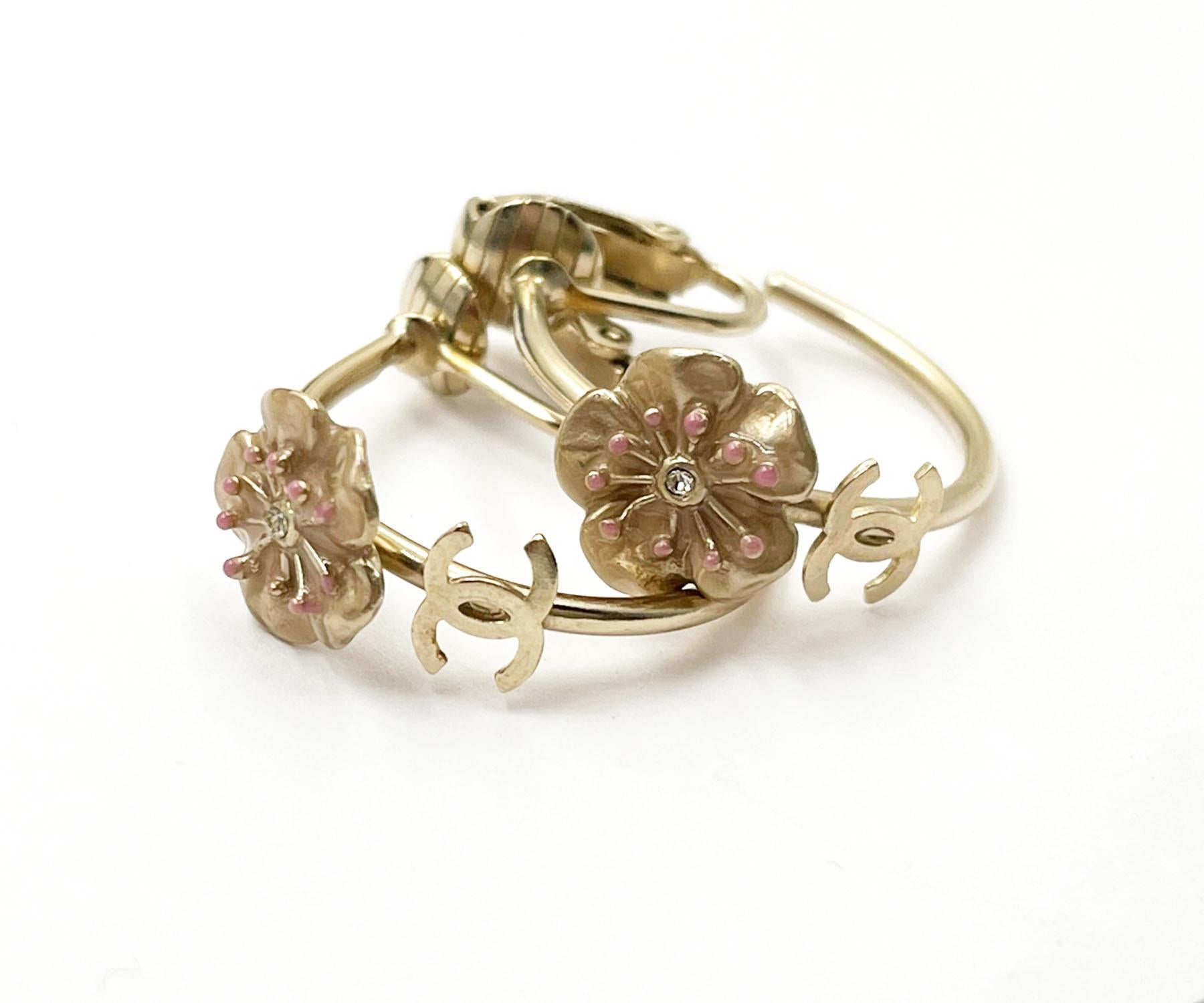 Women's Chanel Gold CC Pink Flower Hoop Clip on Earrings  For Sale