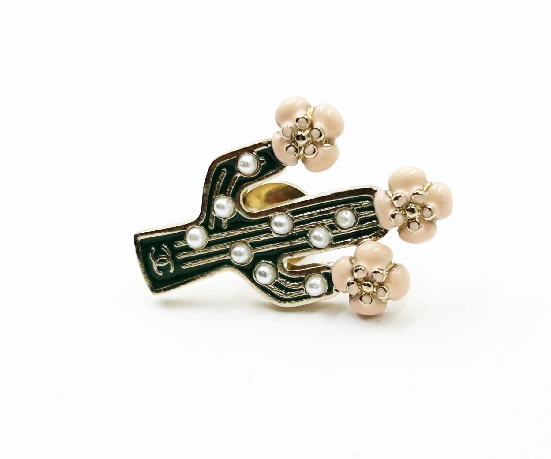 Artisan Chanel Gold CC Pink Flowers Green Cactus Pin