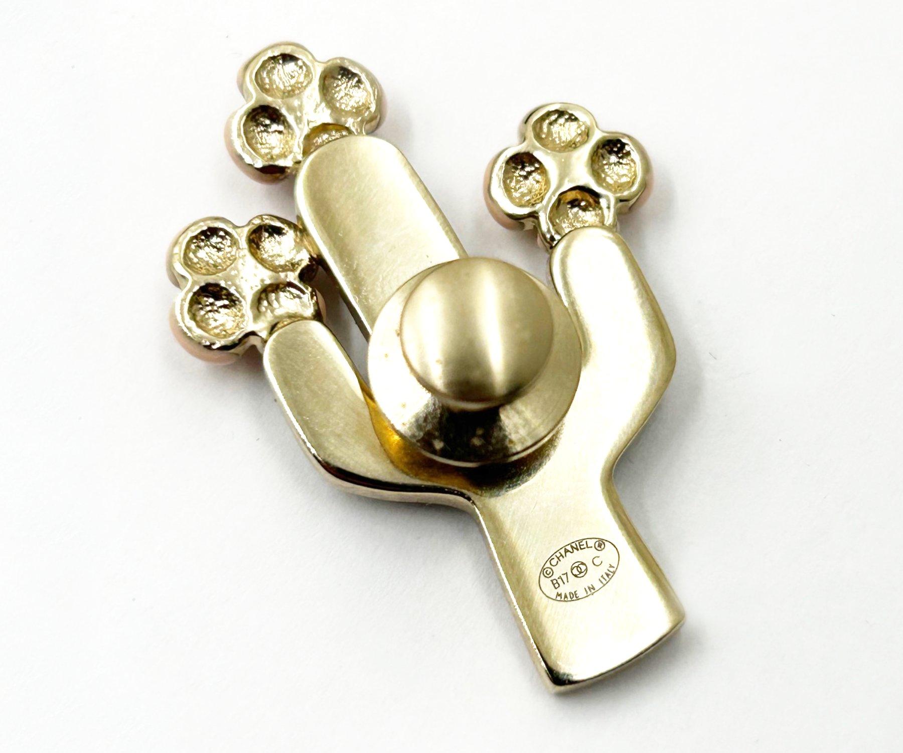 Chanel Gold CC Pink Flowers Green Cactus Pin In Excellent Condition In Pasadena, CA