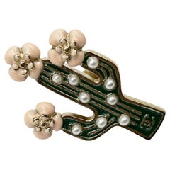 Chanel Gold CC Pink Flowers Green Cactus Pin