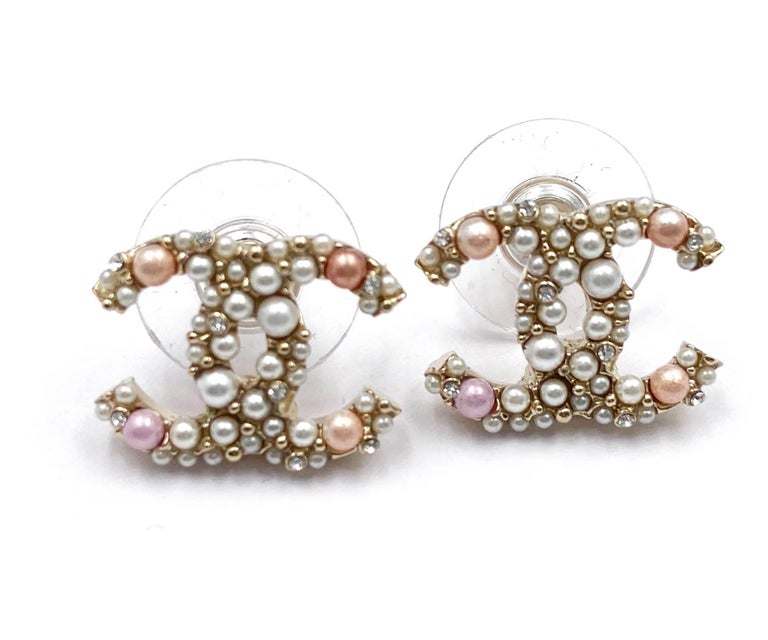 Chanel Gold CC Pink Pearl Crystal Piercing Earrings at 1stDibs  chanel  inspired earrings, chanel crystal cc gold stud earrings gold, chanel earing