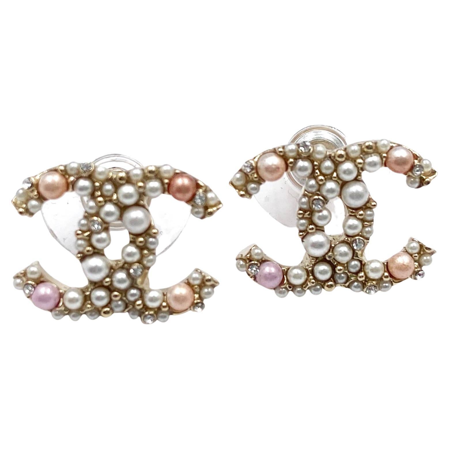 Chanel Classic Light Gold Tone Pearl CC Stud Earrings-SOLD