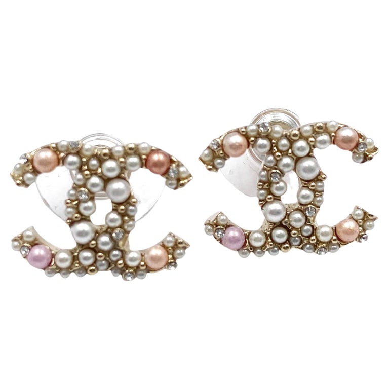 Chanel Gold CC Pink Pearl Crystal Piercing Earrings