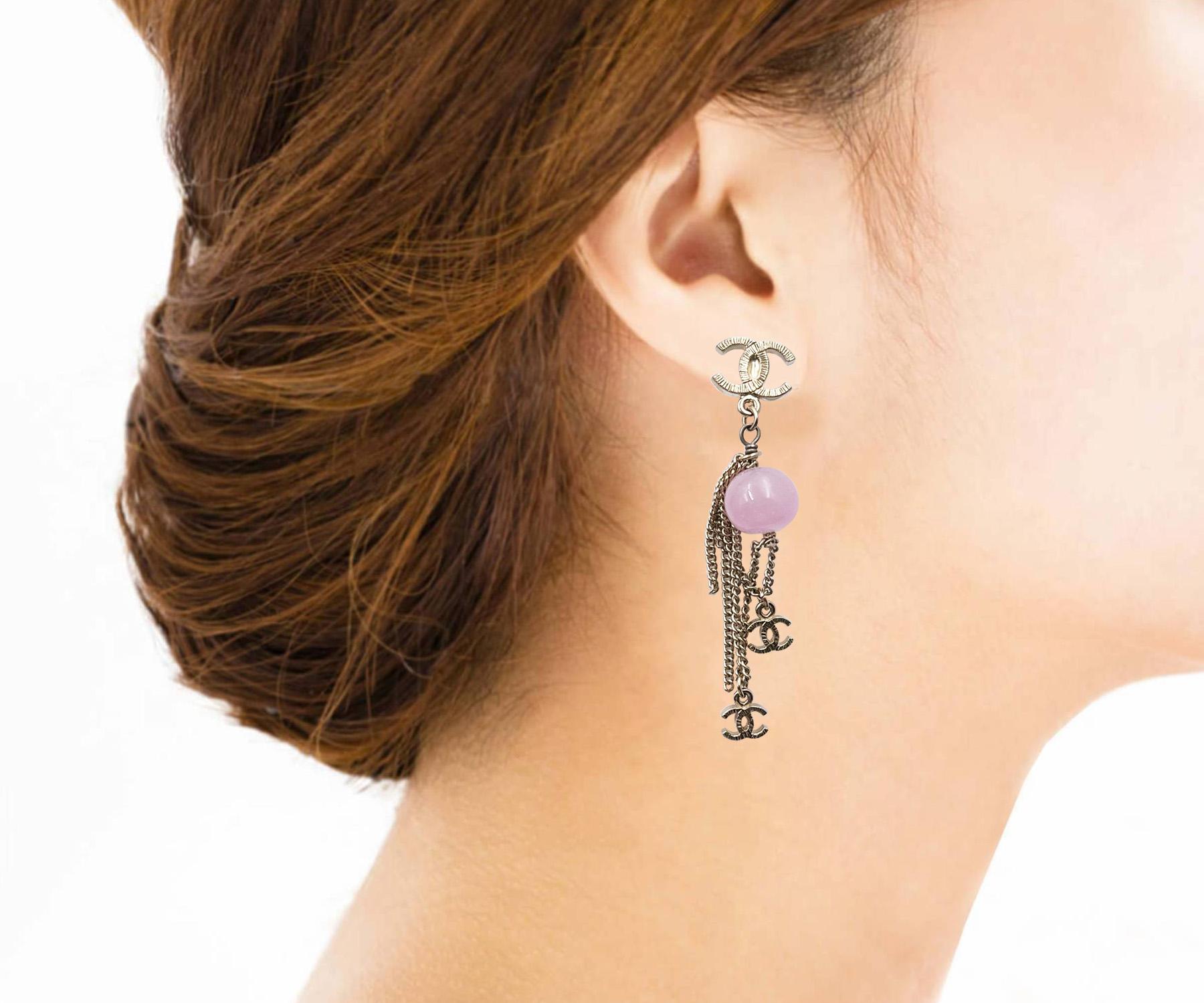 Artisan Chanel Gold CC Pink Stone Chain Drop Clip on Earrings