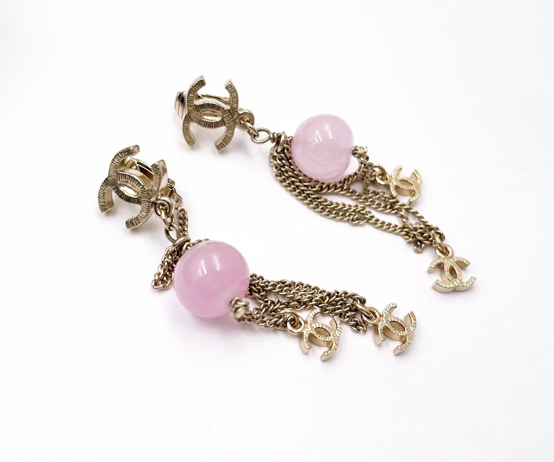 Chanel Gold CC Pink Stone Chain Drop Clip on Earrings In Excellent Condition In Pasadena, CA