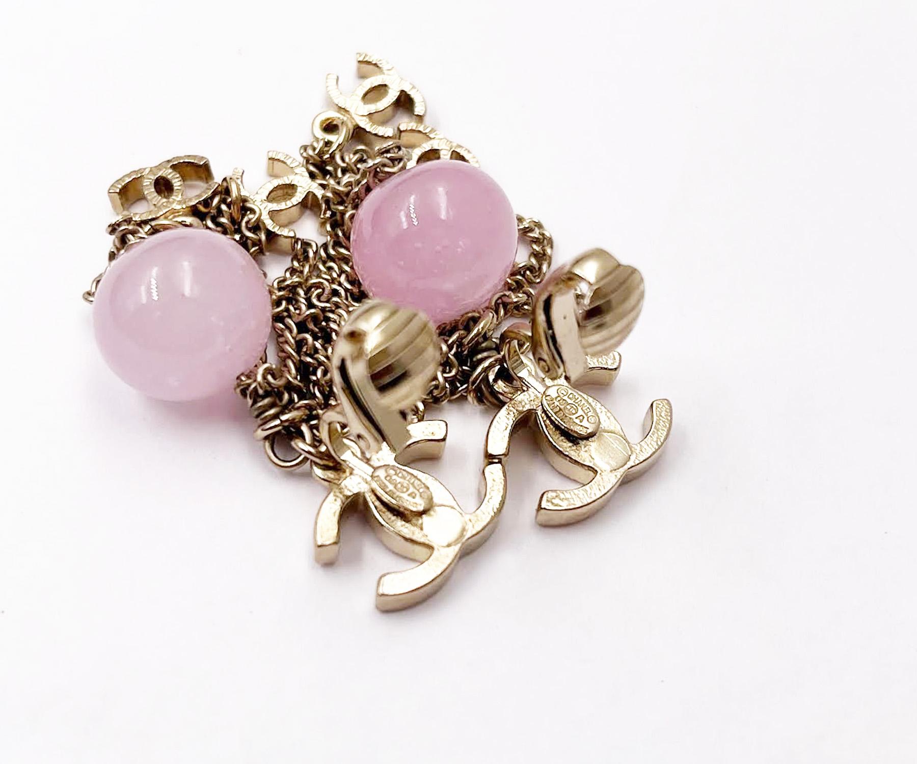 Women's Chanel Gold CC Pink Stone Chain Drop Clip on Earrings
