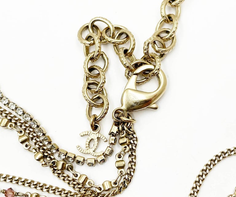 Channel Chain Chanel Gold CC Pink Stone Pearl Plaid Multi Chain Necklace For Sale at ...